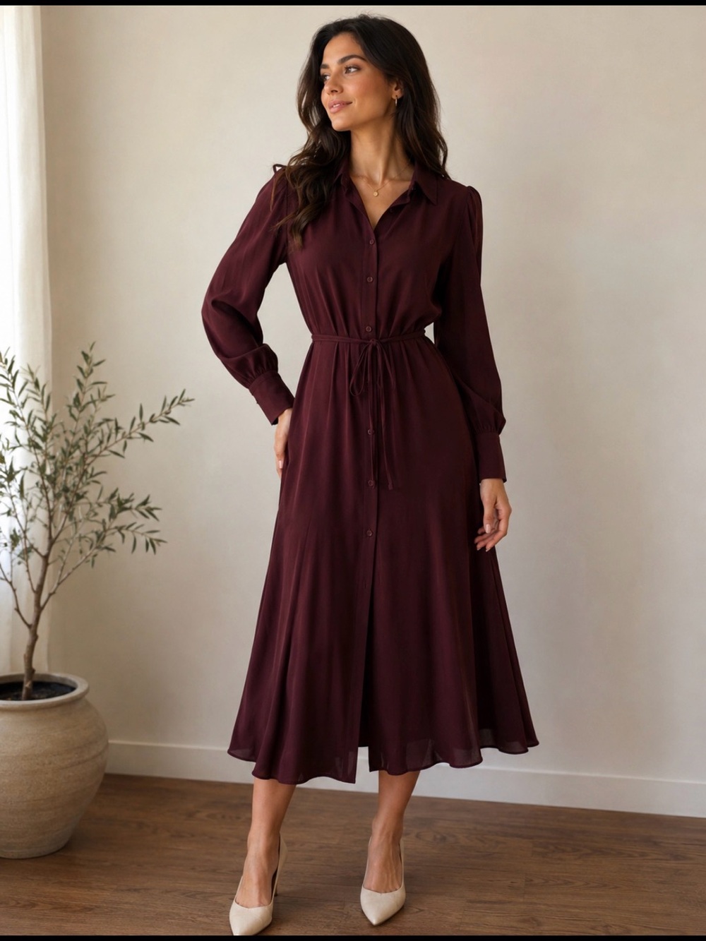 LOFT Deep Burgundy Long Sleeve Dress